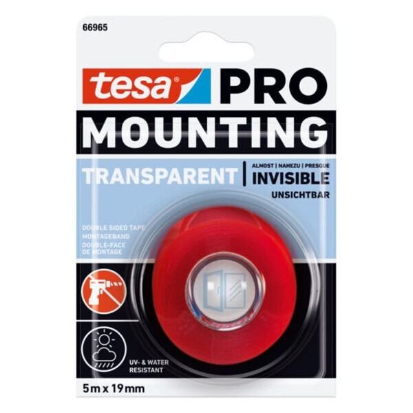 DOUBLE-FACE POLYESTHER SPECIAL PLASTIQUE 66965 TRANSPARENT 5 M X 19 MM (Présentation) Double-face polyesther special plastique 66965 transparent 5 m x 19 mm