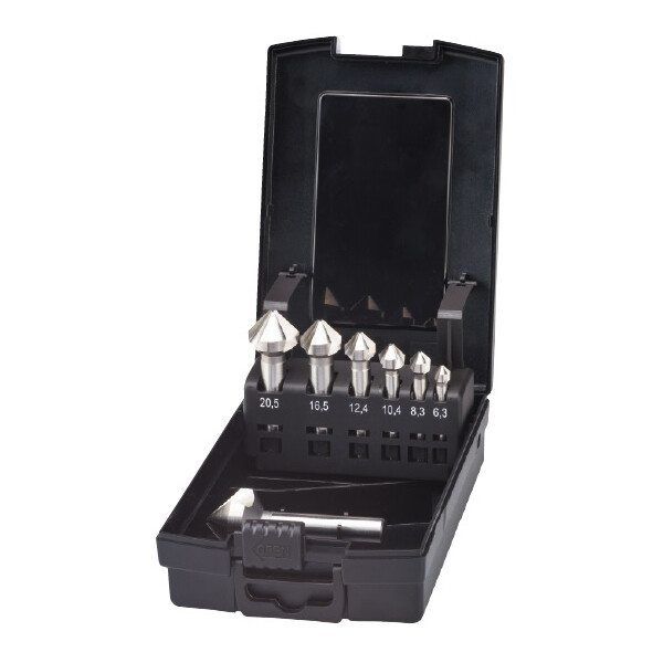 FRAISE A CHANFREINER HSS-E 90° 3 T QUEUE A 3 MEPLATS 42.555 (JEU DE 6) (Présentation) Fraise a chanfreiner hss-e 90° 3 t queue a 3 meplats 42.555 (jeu de 6)