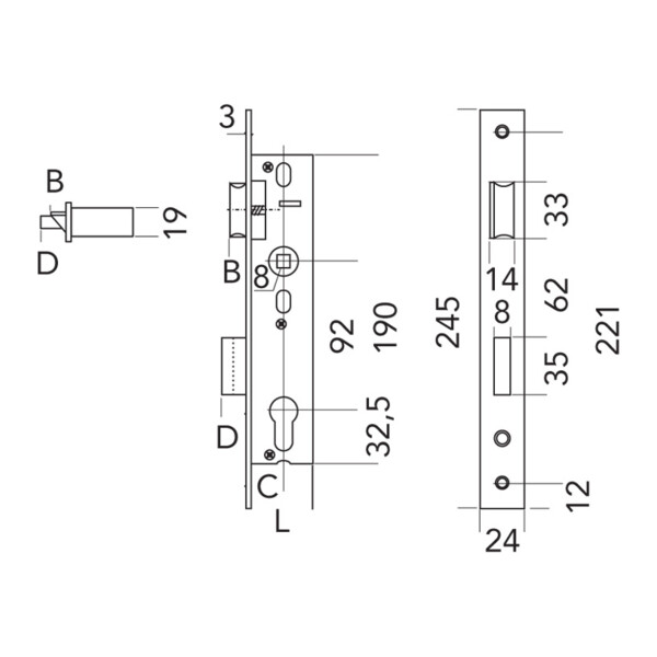 Pêne dormant 1/2 tour 59pz