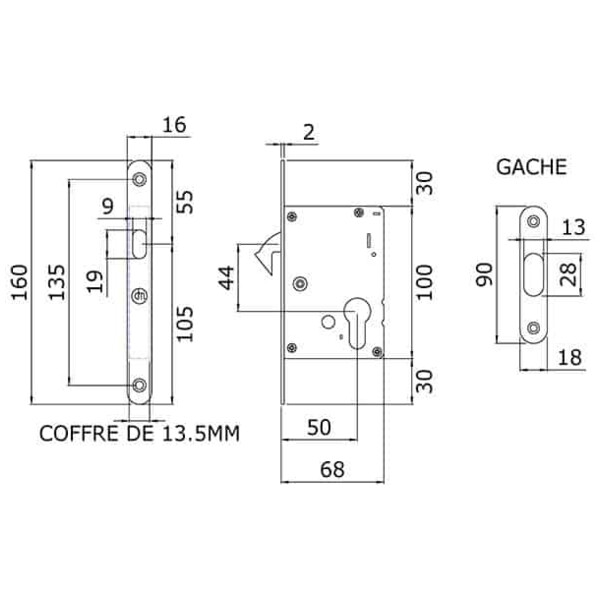 Serrure + cuvette ronde clé i inox galandage