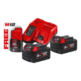 Pack charg + 2 batt 18v 5ah red lit + 1 batt 12v Milwaukee